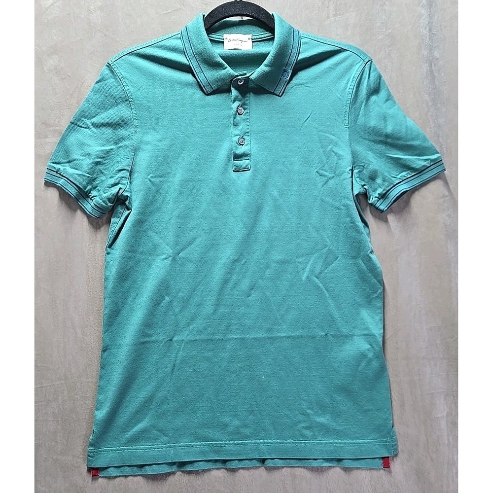 NWOT Salvatore Ferragamo Mens Green Turquoise Polo Gancini Neck Logo Sz S shirt